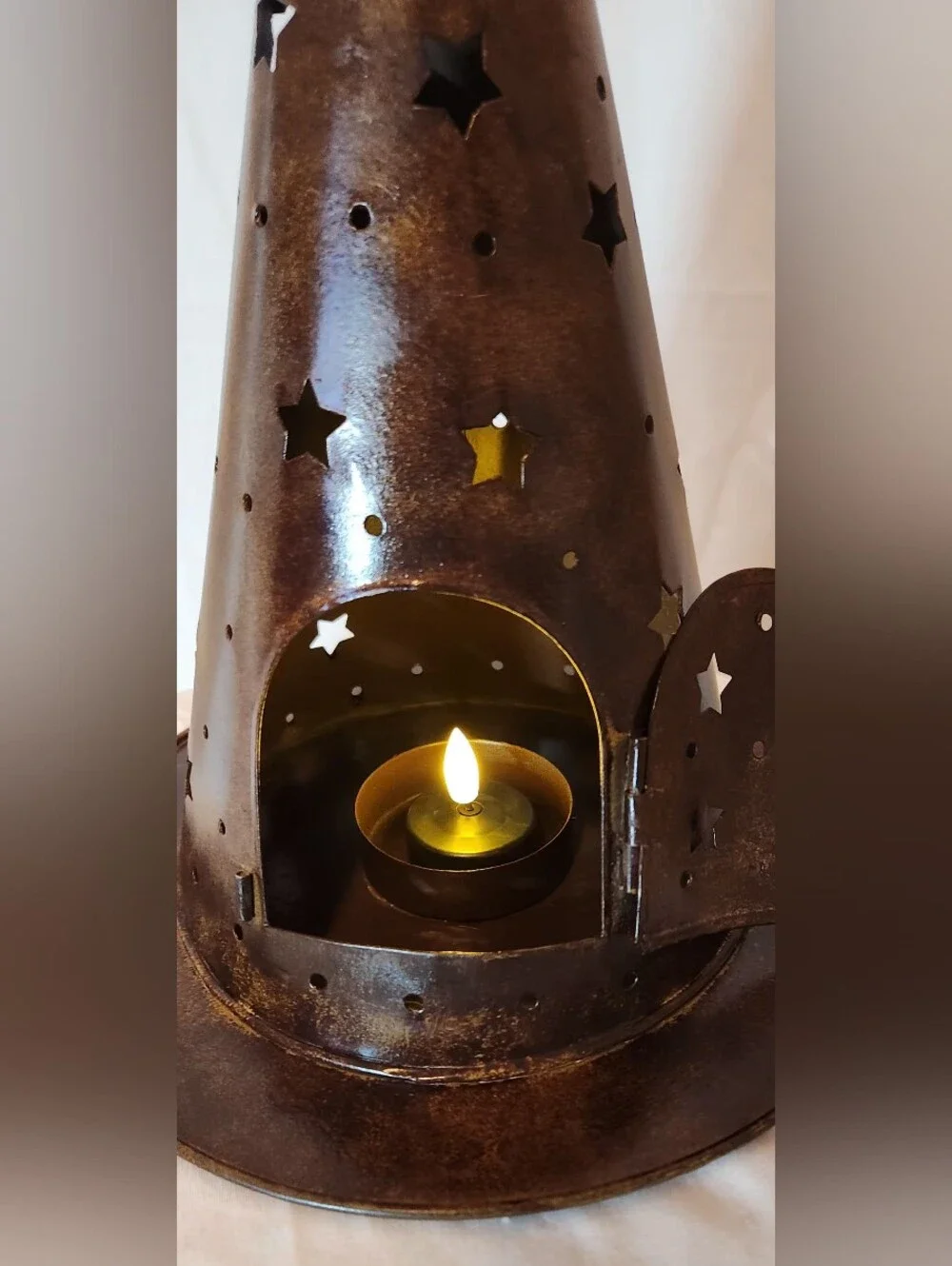 Rustic Metal Witch Hat Candle Holder With Punched Out Stars & Front Hinged Door